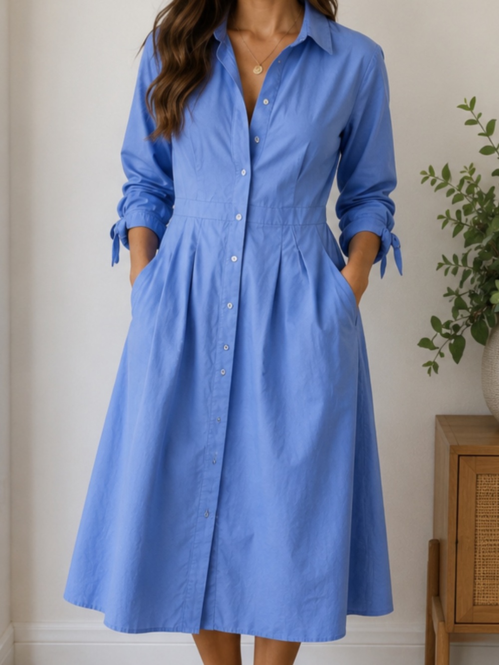 Talbots Cornflower Blue Button-Front Midi Shirt Dress cotton